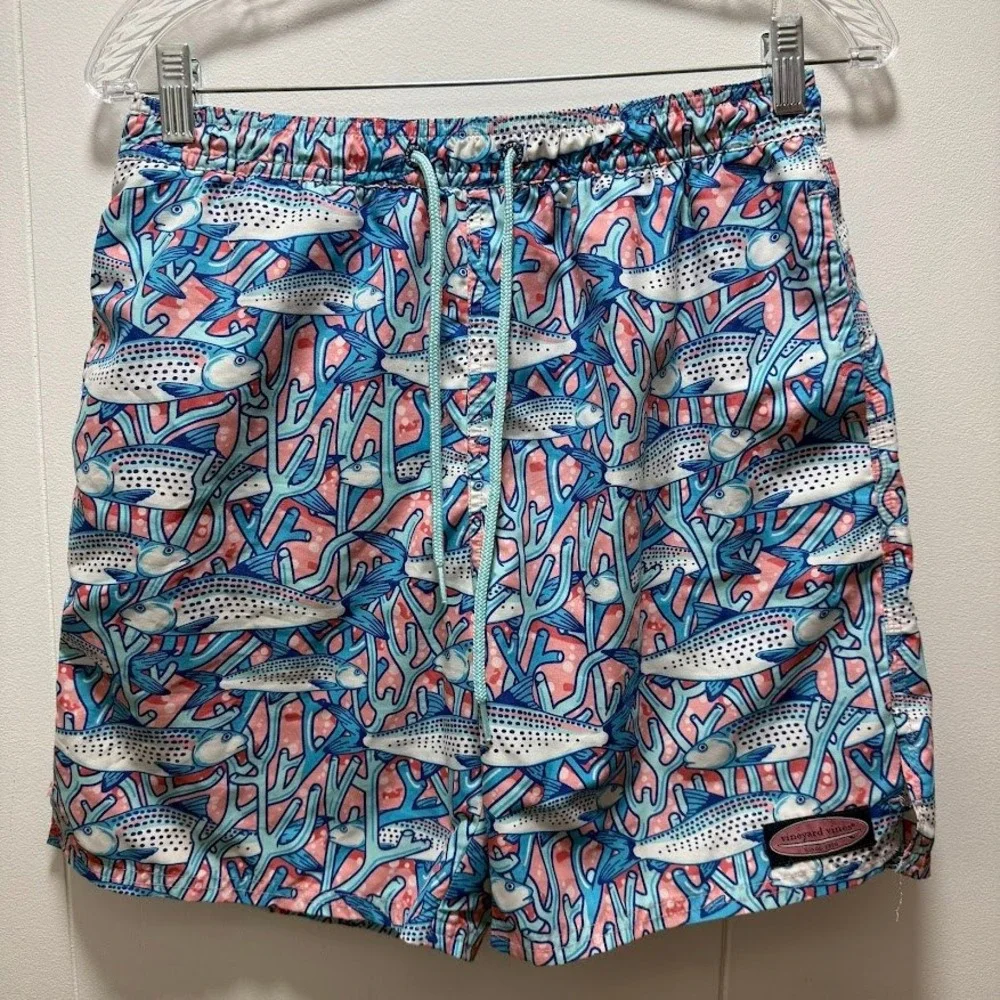 Vineyard Vines Boys Fish Coral Reef Print Swim Trunks Blue Pink Drawstring